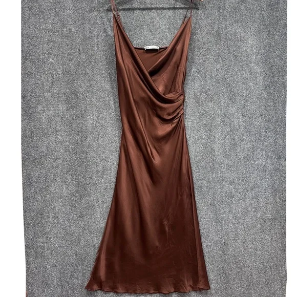 Zara | Dresses | Zara Brown Silky Slip Dress Xl Spaghetti Straps Side Slit  Vneck Ruched Bodice | Poshmark